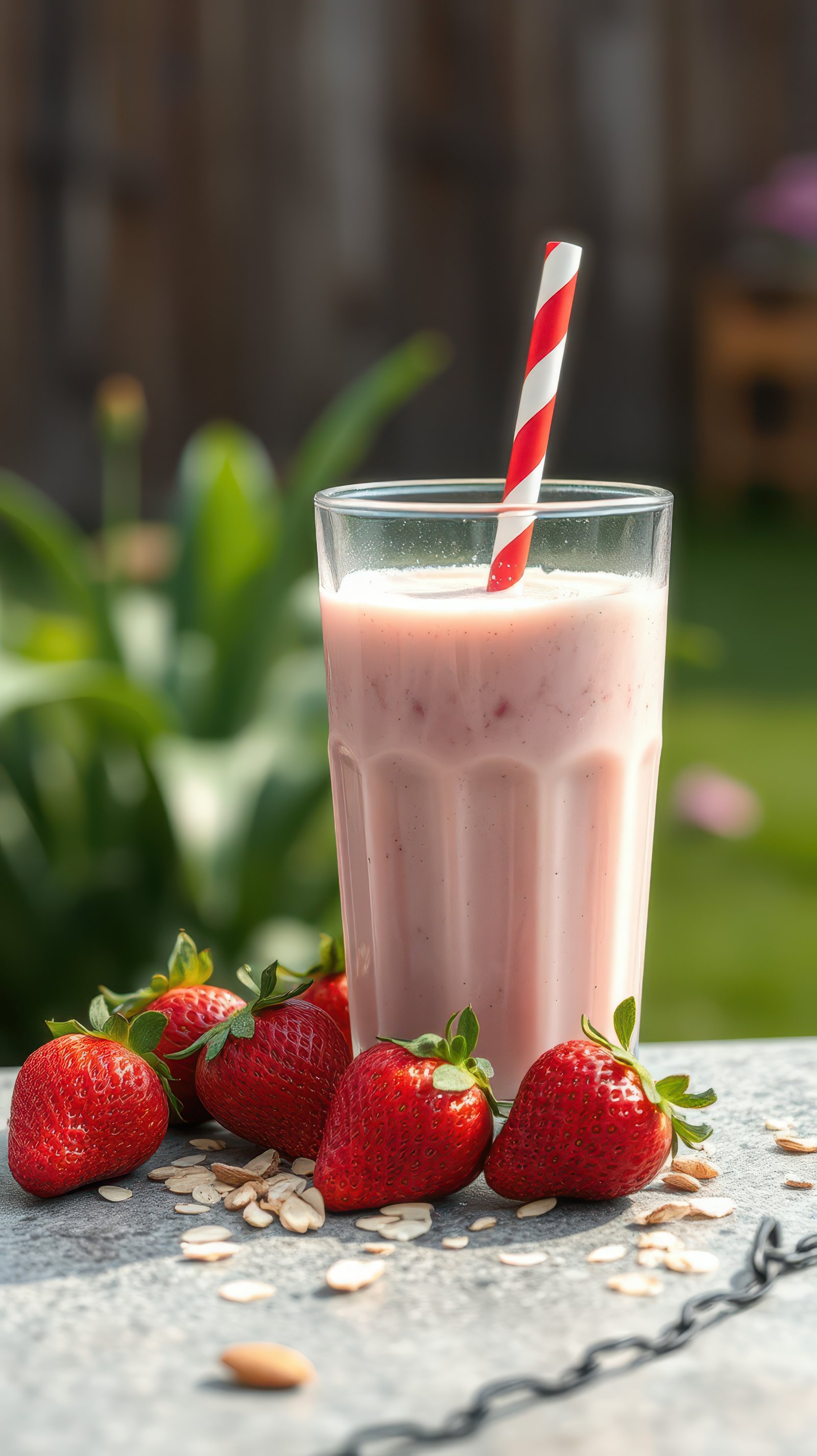 Refreshing strawberry smoothie with fresh strawberries and oats on a stone table